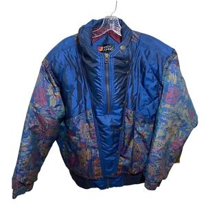 Vintage Andy Johns Blue Tapestry Floral Quilted Bomber Jacket Womens Large Retro